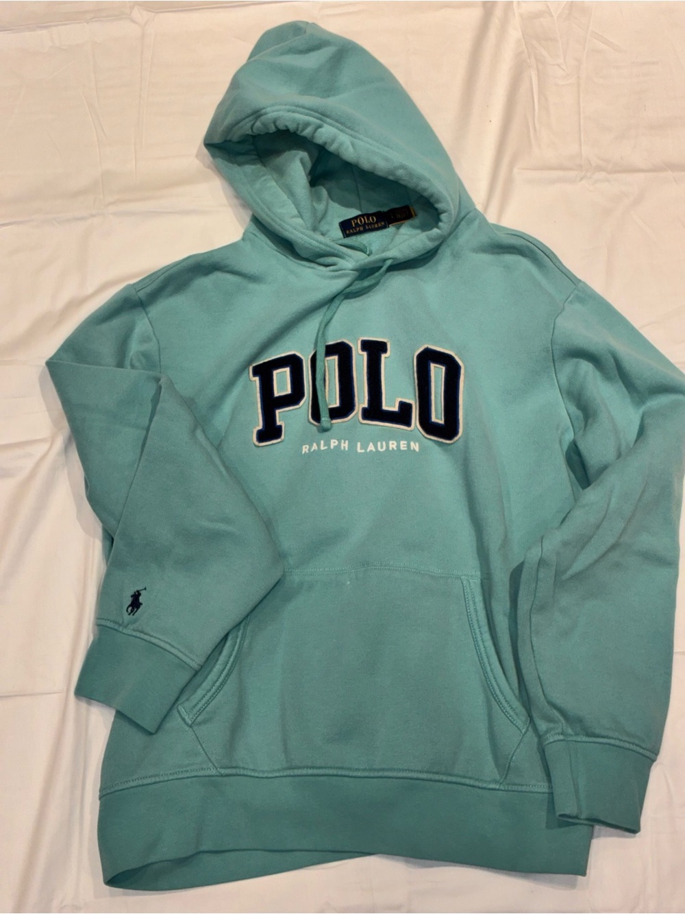 Polo Ralph Lauren Mens Large Hoodie Mint Green Chenille Arch Spellout Fleece